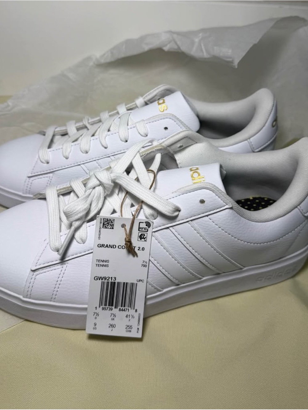adidas White Women's Grand Court 2.0 Sneakers with Gold Accents